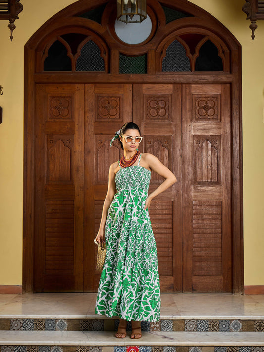 Women Green & White Smocked Strappy Maxi Dress
