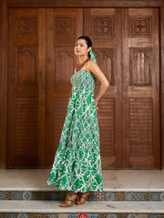 Women Green & White Smocked Strappy Maxi Dress