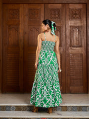 Women Green & White Smocked Strappy Maxi Dress