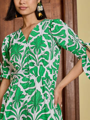 Women Green & White Front Button Midi Dress