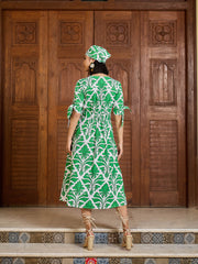 Women Green & White Front Button Midi Dress