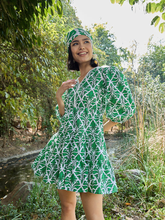 Women Green & White Floral V Neck Short Gathered Dress