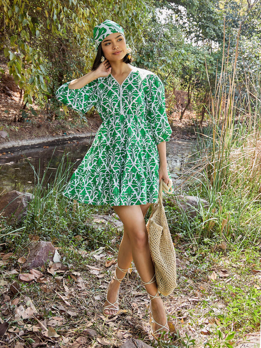 Women Green & White Floral V Neck Short Gathered Dress