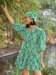 Women Green & White Floral V Neck Short Gathered Dress
