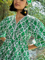 Women Green & White Floral V Neck Short Gathered Dress