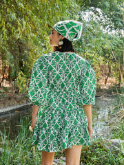 Women Green & White Floral V Neck Short Gathered Dress