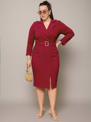 Women Maroon Notch Collar Belted Bodycon Dress
