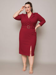 Women Maroon Notch Collar Belted Bodycon Dress