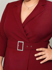 Women Maroon Notch Collar Belted Bodycon Dress