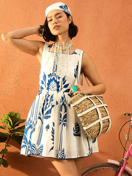 Women Blue & Off White Floral Strappy Short Dress