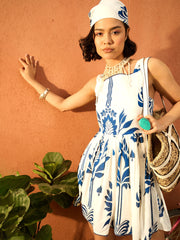 Women Blue & Off White Floral Strappy Short Dress