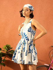 Women Blue & Off White Floral Strappy Short Dress
