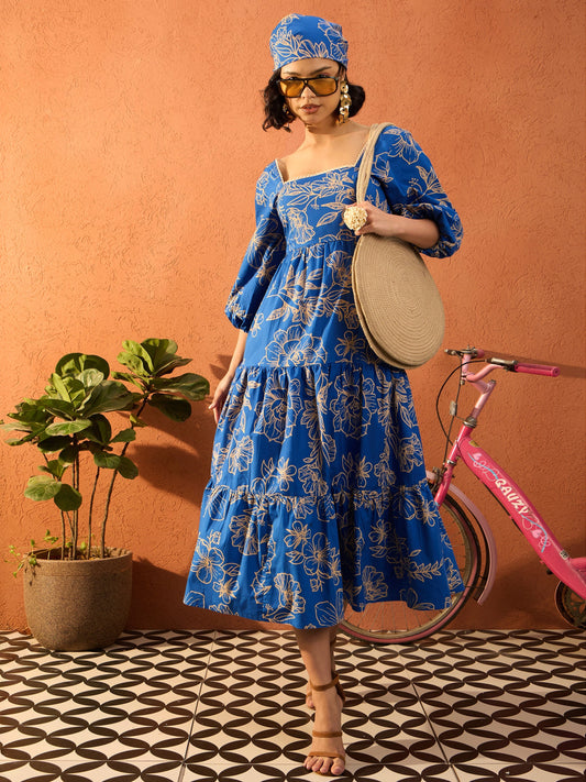 Women Blue & Off White Floral Back Tie Knot Midi Dress