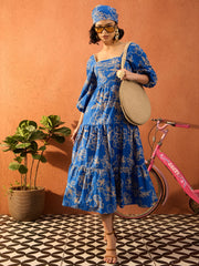 Women Blue & Off White Floral Back Tie Knot Midi Dress