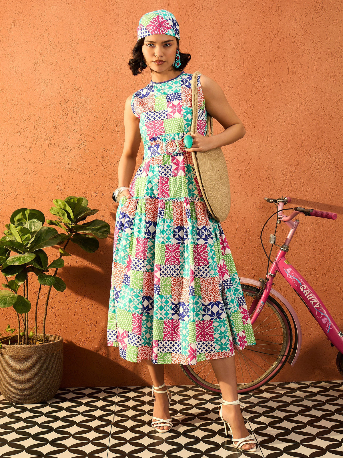Women White Multi Geometric Round Neck Tiered Midi Dress