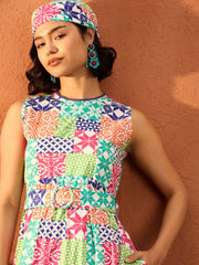 Women White Multi Geometric Round Neck Tiered Midi Dress