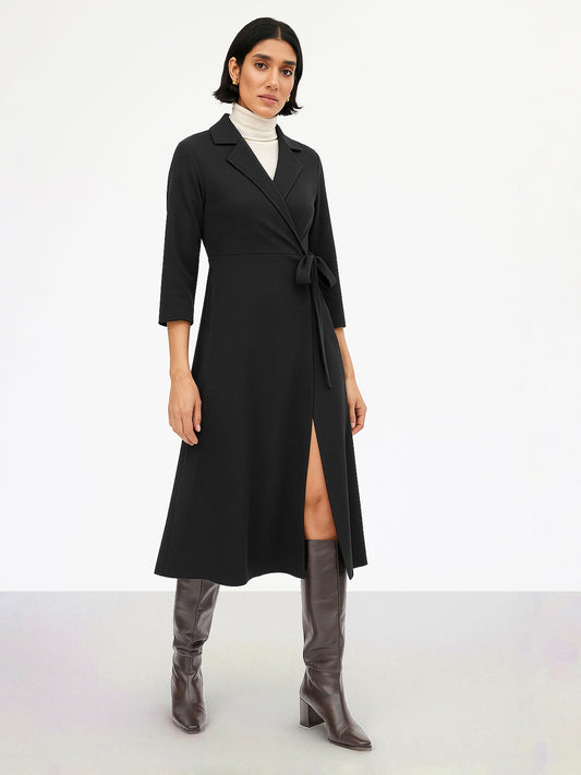 Women Black Notch Collar Wrap Midi Dress