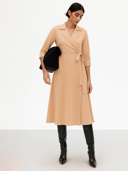 Women Beige Notch Collar Wrap Midi Dress
