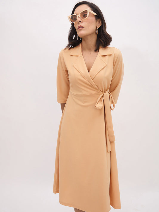 Women Beige Notch Collar Wrap Midi Dress
