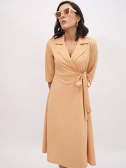 Women Beige Notch Collar Wrap Midi Dress