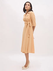 Women Beige Notch Collar Wrap Midi Dress