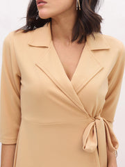 Women Beige Notch Collar Wrap Midi Dress