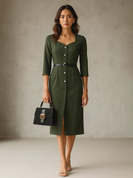 Women Olive Sweetheart Neck Midi Dress With PU Belt