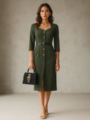 Women Olive Sweetheart Neck Midi Dress With PU Belt