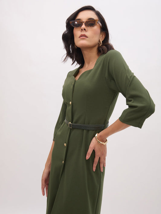 Women Olive Sweetheart Neck Midi Dress With PU Belt