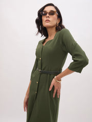 Women Olive Sweetheart Neck Midi Dress With PU Belt