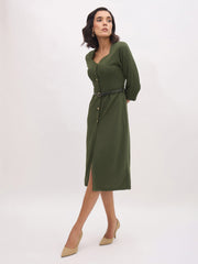 Women Olive Sweetheart Neck Midi Dress With PU Belt
