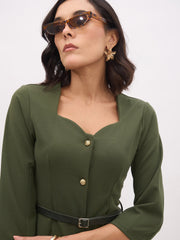 Women Olive Sweetheart Neck Midi Dress With PU Belt