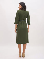 Women Olive Sweetheart Neck Midi Dress With PU Belt