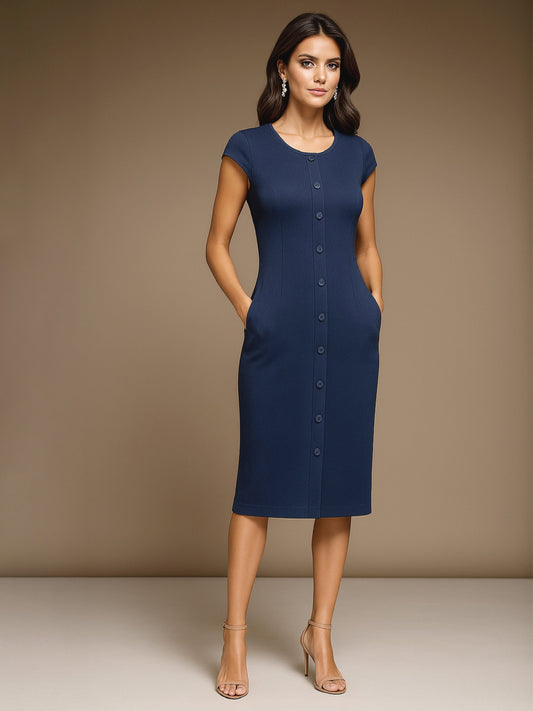 Women Blue Round Neck Button Midi Dress