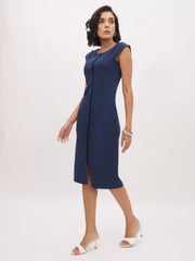 Women Blue Round Neck Button Midi Dress