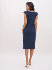 Women Blue Round Neck Button Midi Dress