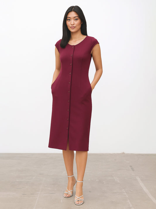 Women Burgundy Round Neck Button Midi Dress
