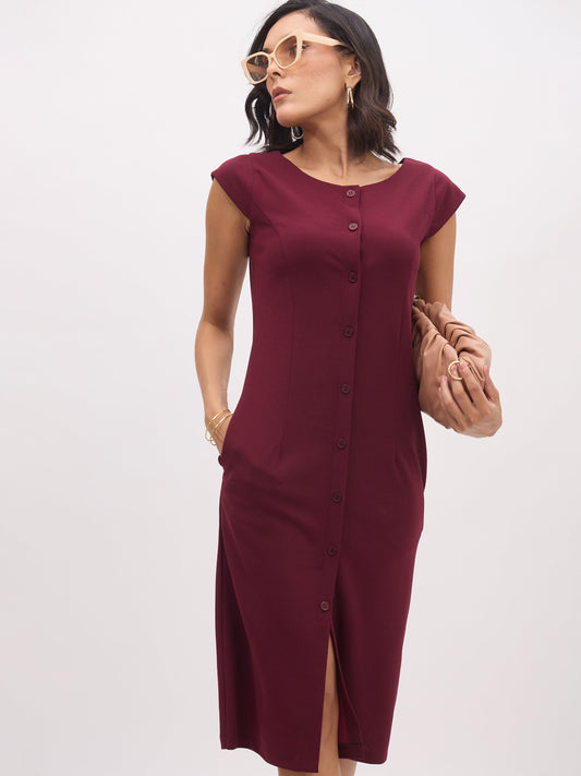 Women Burgundy Round Neck Button Midi Dress