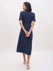 Women Blue Notch Collar Button Midi Dress