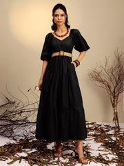 Women Black Poplin Tiered Maxi Dress