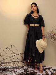 Women Black Poplin Tiered Maxi Dress