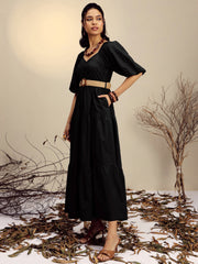 Women Black Poplin Tiered Maxi Dress