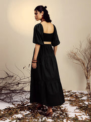 Women Black Poplin Tiered Maxi Dress