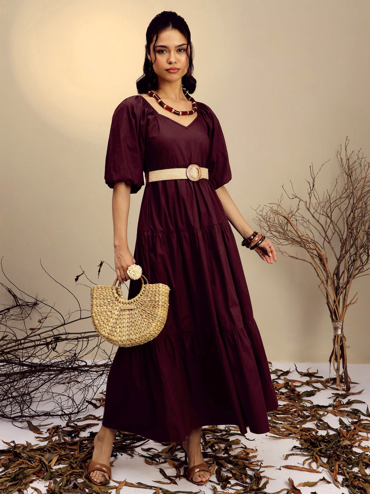 Women Brown Poplin Tiered Maxi Dress