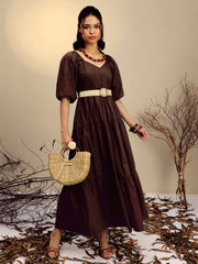 Women Brown Poplin Tiered Maxi Dress