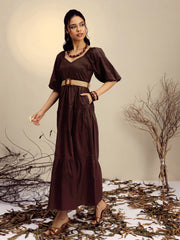 Women Brown Poplin Tiered Maxi Dress