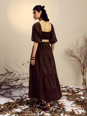 Women Brown Poplin Tiered Maxi Dress