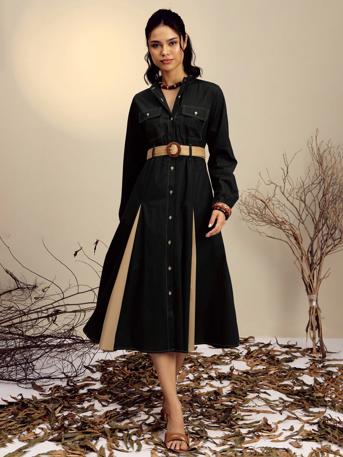 Women Black Poplin Kick Pleat Midi Dress