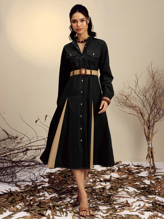 Women Black Poplin Kick Pleat Midi Dress