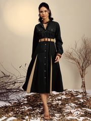 Women Black Poplin Kick Pleat Midi Dress